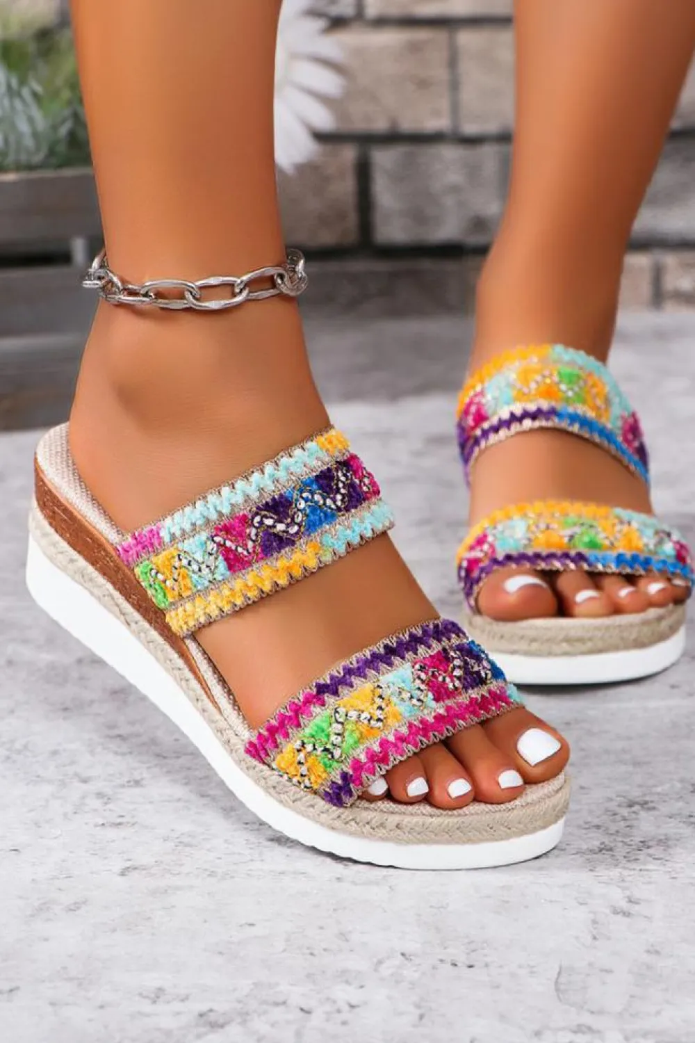 Sale Dear-Lover Random Color Crochet Dual Band Wedge Slippers Multicolour