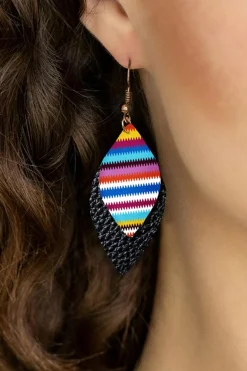 Fashion Dear-Lover Serape Leaf Shape Leathered Drop Earrings Multicolour