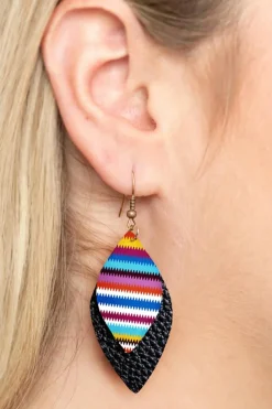 Fashion Dear-Lover Serape Leaf Shape Leathered Drop Earrings Multicolour