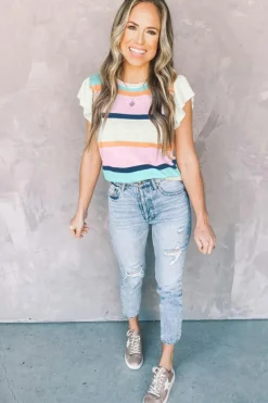 Best Dear-Lover Striped Color Block Flutter Sleeve Patchwork Sweater Top Multicolour