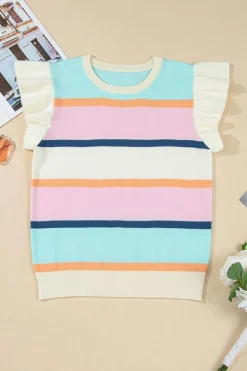 Best Dear-Lover Striped Color Block Flutter Sleeve Patchwork Sweater Top Multicolour