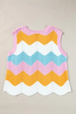 Clearance Dear-Lover Striped Colorblock Scalloped Hem Knitted Vest Multicolour