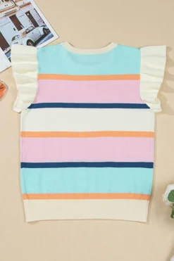 Best Dear-Lover Striped Color Block Flutter Sleeve Patchwork Sweater Top Multicolour
