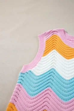 Clearance Dear-Lover Striped Colorblock Scalloped Hem Knitted Vest Multicolour