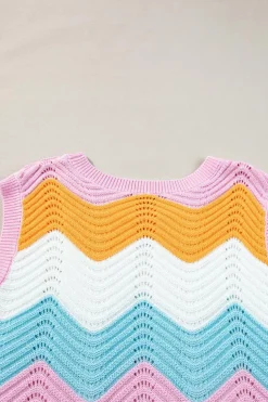 Clearance Dear-Lover Striped Colorblock Scalloped Hem Knitted Vest Multicolour