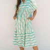 Sale Dear-Lover Striped Floral Print Tie Split Neck Puff Sleeve Midi Dress Multicolour