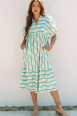 Sale Dear-Lover Striped Floral Print Tie Split Neck Puff Sleeve Midi Dress Multicolour
