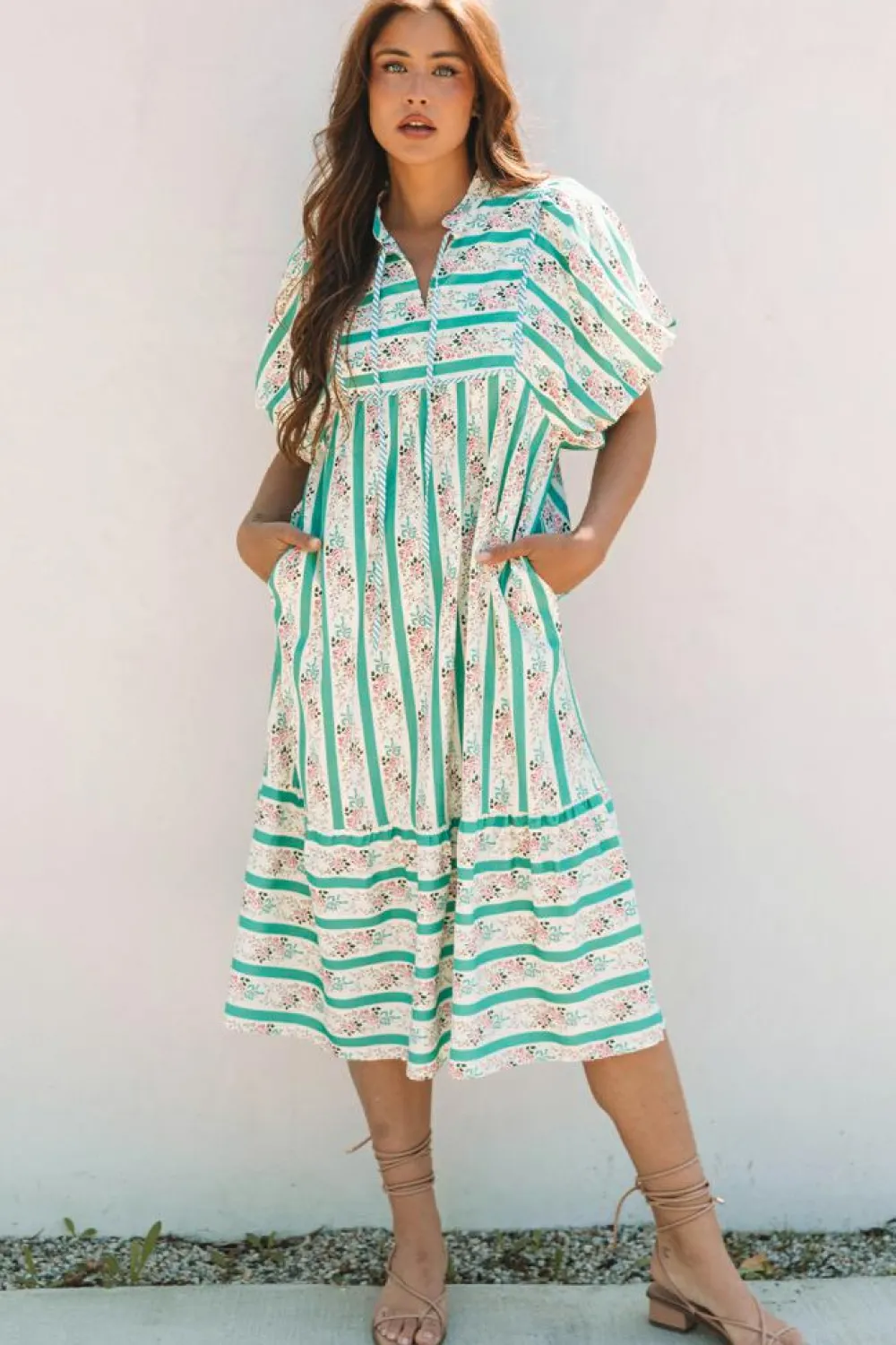 Sale Dear-Lover Striped Floral Print Tie Split Neck Puff Sleeve Midi Dress Multicolour
