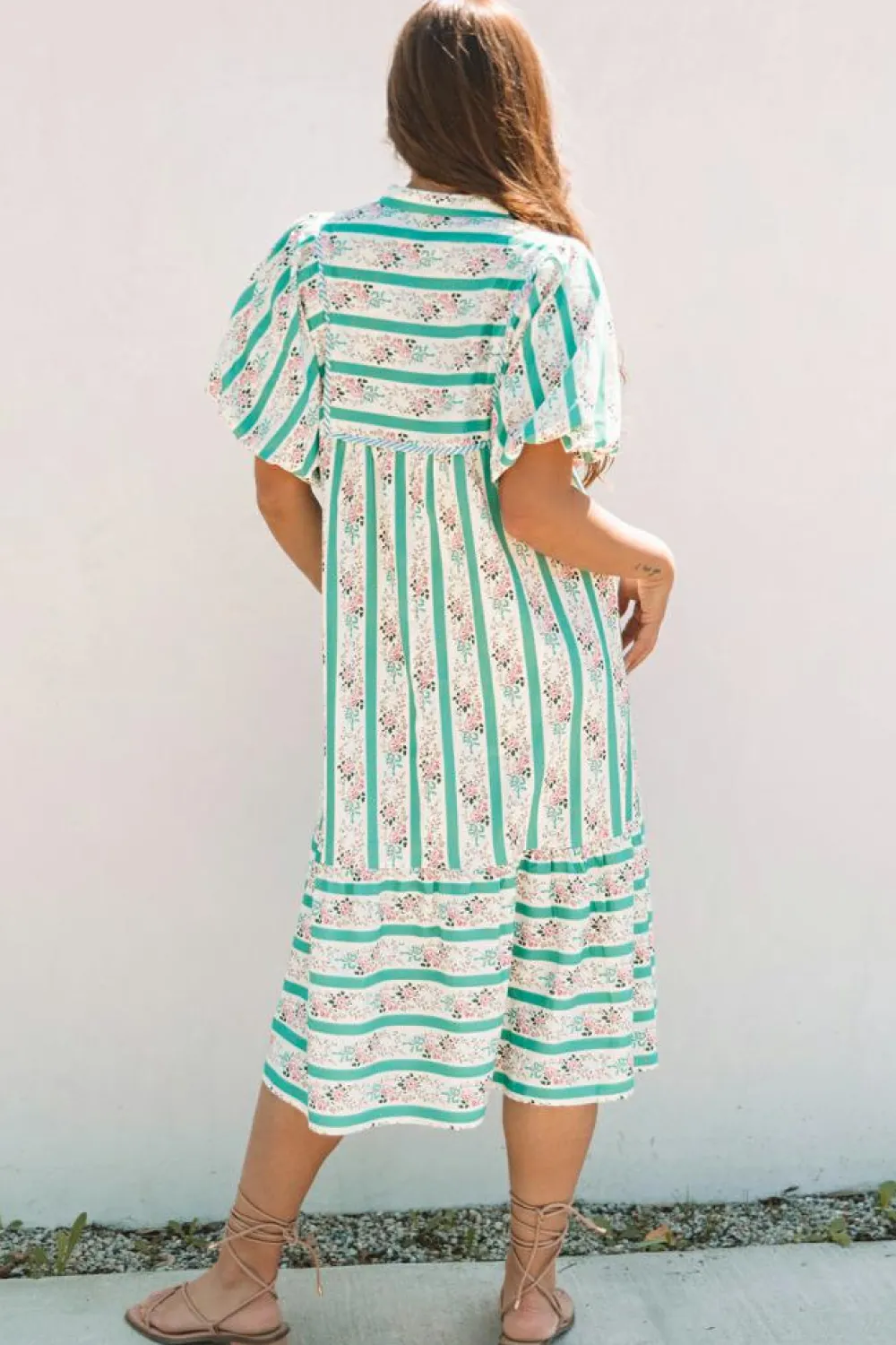 Sale Dear-Lover Striped Floral Print Tie Split Neck Puff Sleeve Midi Dress Multicolour