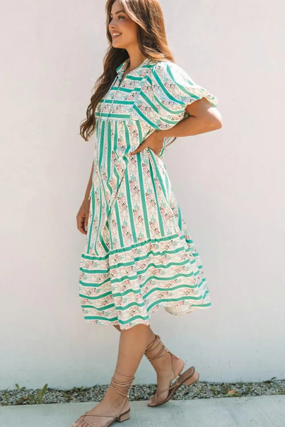 Sale Dear-Lover Striped Floral Print Tie Split Neck Puff Sleeve Midi Dress Multicolour