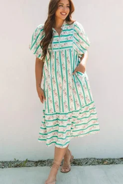 Sale Dear-Lover Striped Floral Print Tie Split Neck Puff Sleeve Midi Dress Multicolour