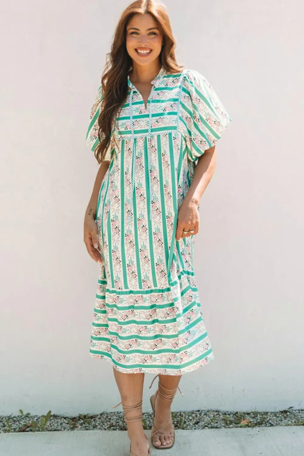 Sale Dear-Lover Striped Floral Print Tie Split Neck Puff Sleeve Midi Dress Multicolour