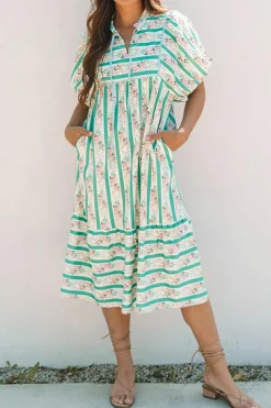 Sale Dear-Lover Striped Floral Print Tie Split Neck Puff Sleeve Midi Dress Multicolour