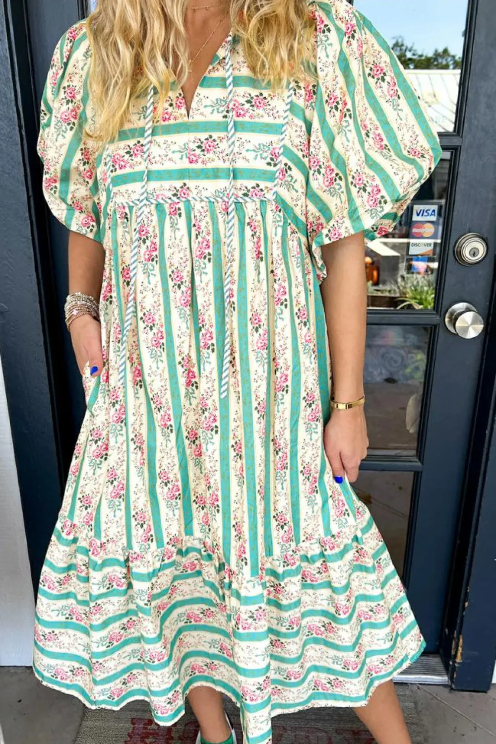 Sale Dear-Lover Striped Floral Print Tie Split Neck Puff Sleeve Midi Dress Multicolour