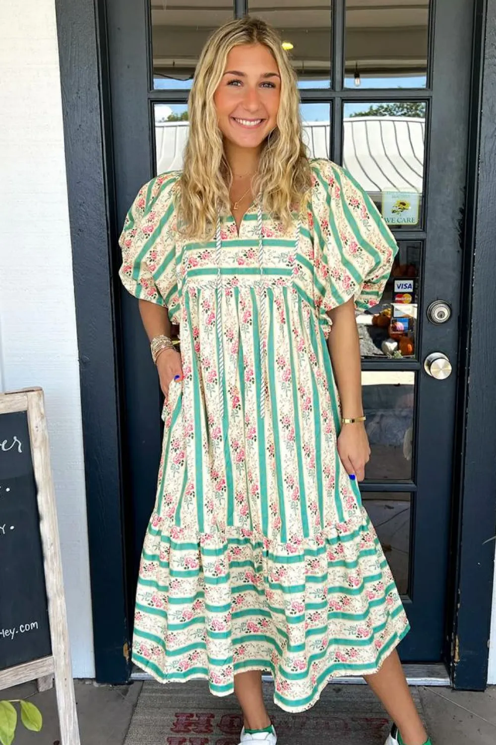 Sale Dear-Lover Striped Floral Print Tie Split Neck Puff Sleeve Midi Dress Multicolour