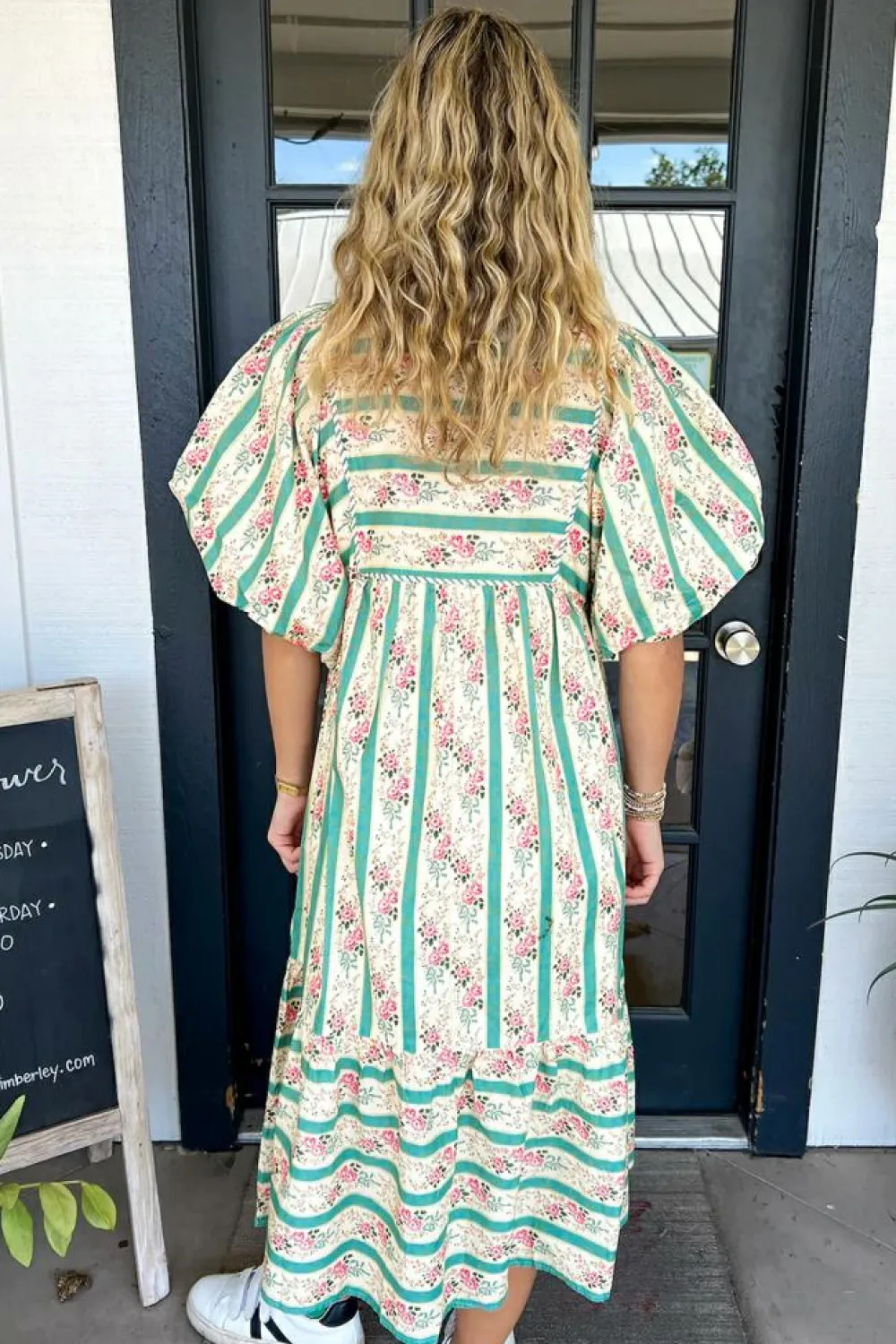 Sale Dear-Lover Striped Floral Print Tie Split Neck Puff Sleeve Midi Dress Multicolour