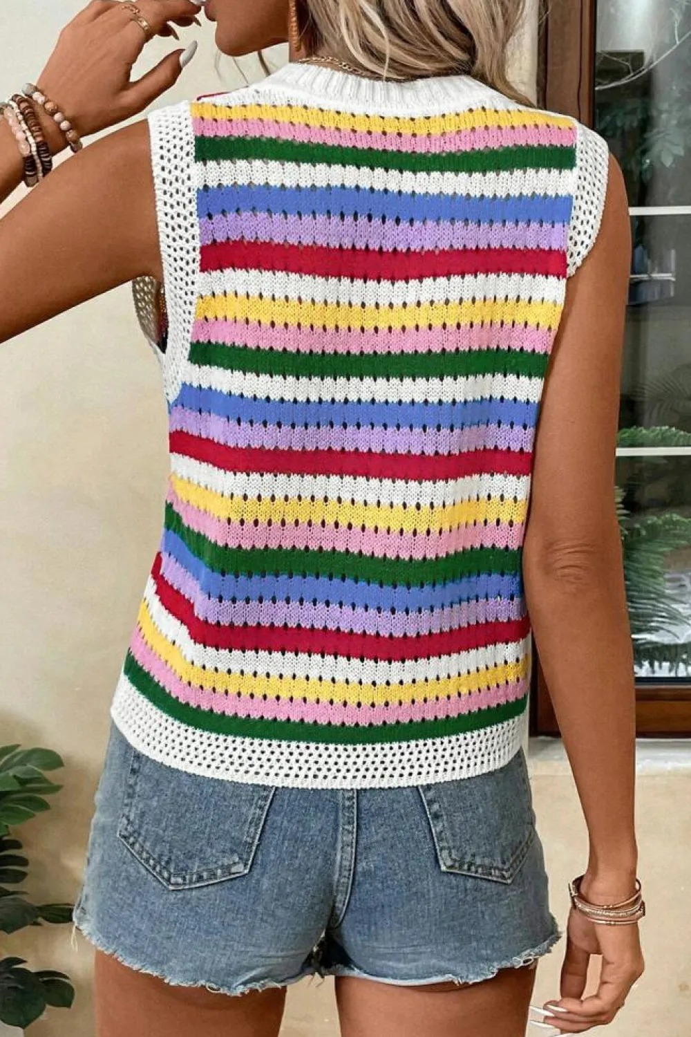 Clearance Dear-Lover Striped Knitted Eyelet Slim Sweater Vest Multicolour