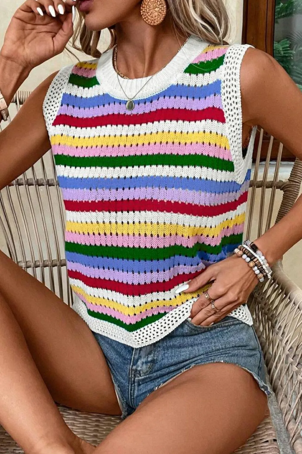 Clearance Dear-Lover Striped Knitted Eyelet Slim Sweater Vest Multicolour