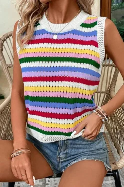 Clearance Dear-Lover Striped Knitted Eyelet Slim Sweater Vest Multicolour
