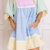Fashion Dear-Lover Striped Patchwork Ric Rac Puff Sleeve Collared Mini Dress Multicolour