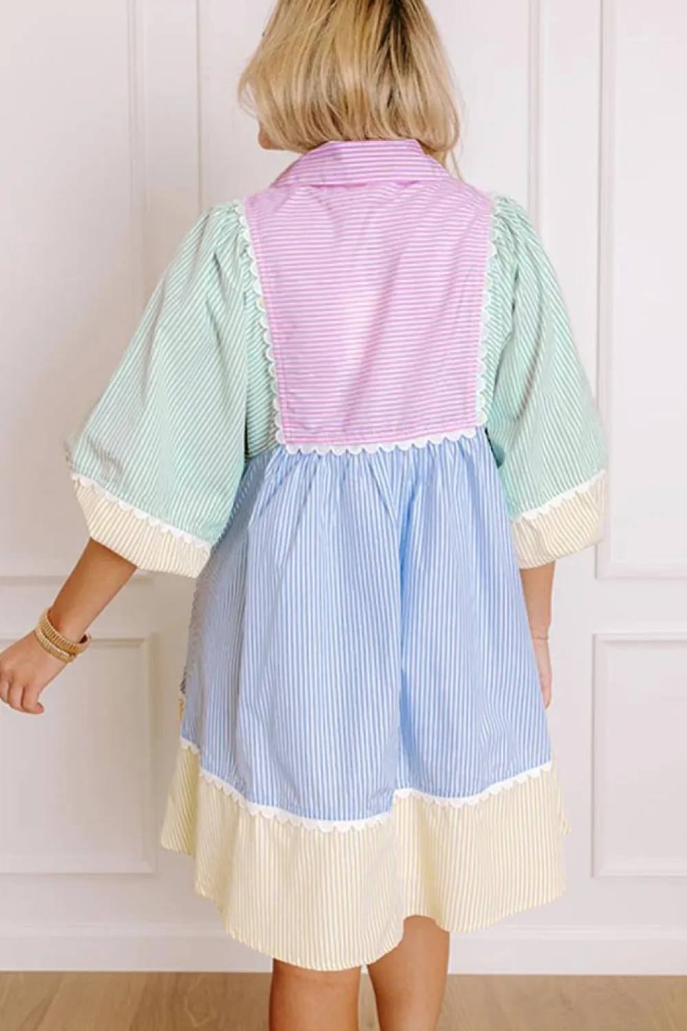 Fashion Dear-Lover Striped Patchwork Ric Rac Puff Sleeve Collared Mini Dress Multicolour