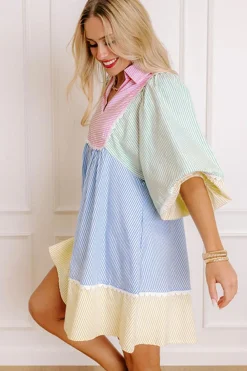 Fashion Dear-Lover Striped Patchwork Ric Rac Puff Sleeve Collared Mini Dress Multicolour