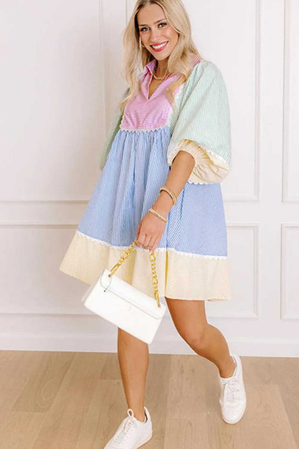 Fashion Dear-Lover Striped Patchwork Ric Rac Puff Sleeve Collared Mini Dress Multicolour