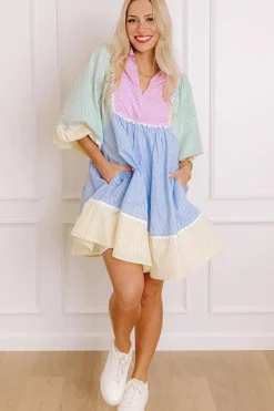 Fashion Dear-Lover Striped Patchwork Ric Rac Puff Sleeve Collared Mini Dress Multicolour