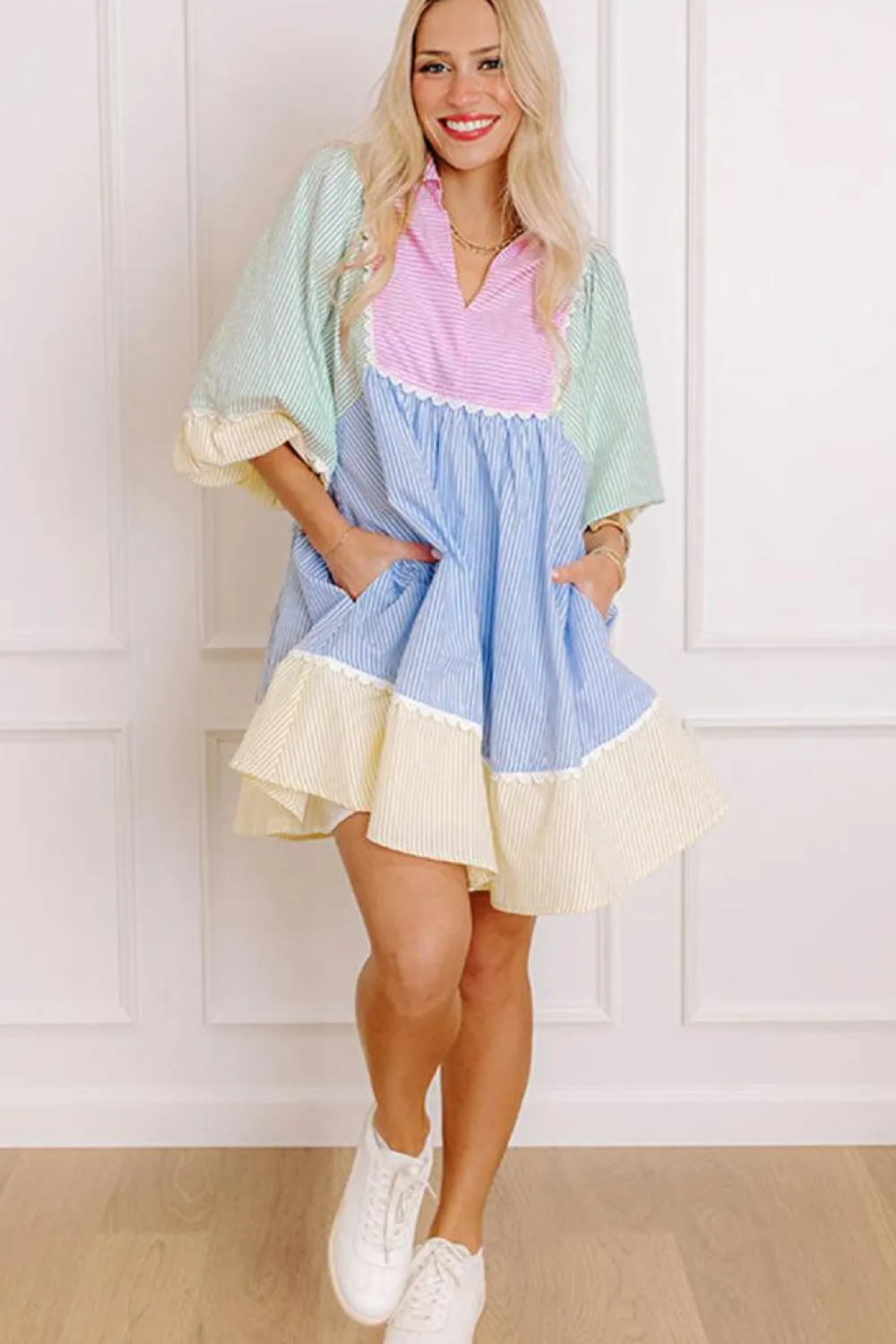Fashion Dear-Lover Striped Patchwork Ric Rac Puff Sleeve Collared Mini Dress Multicolour