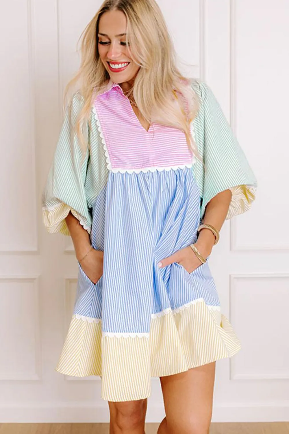 Fashion Dear-Lover Striped Patchwork Ric Rac Puff Sleeve Collared Mini Dress Multicolour