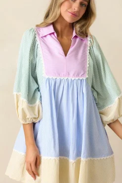 Fashion Dear-Lover Striped Patchwork Ric Rac Puff Sleeve Collared Mini Dress Multicolour