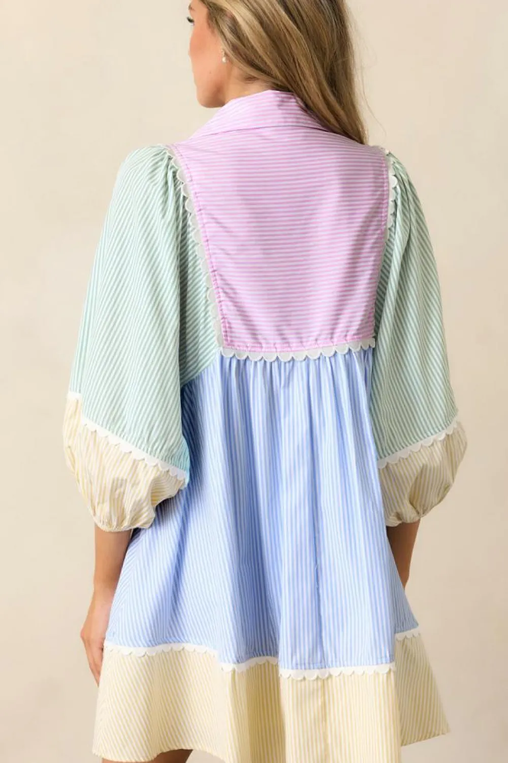 Fashion Dear-Lover Striped Patchwork Ric Rac Puff Sleeve Collared Mini Dress Multicolour