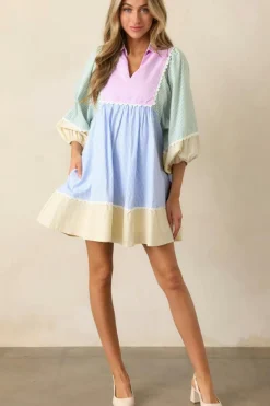 Fashion Dear-Lover Striped Patchwork Ric Rac Puff Sleeve Collared Mini Dress Multicolour