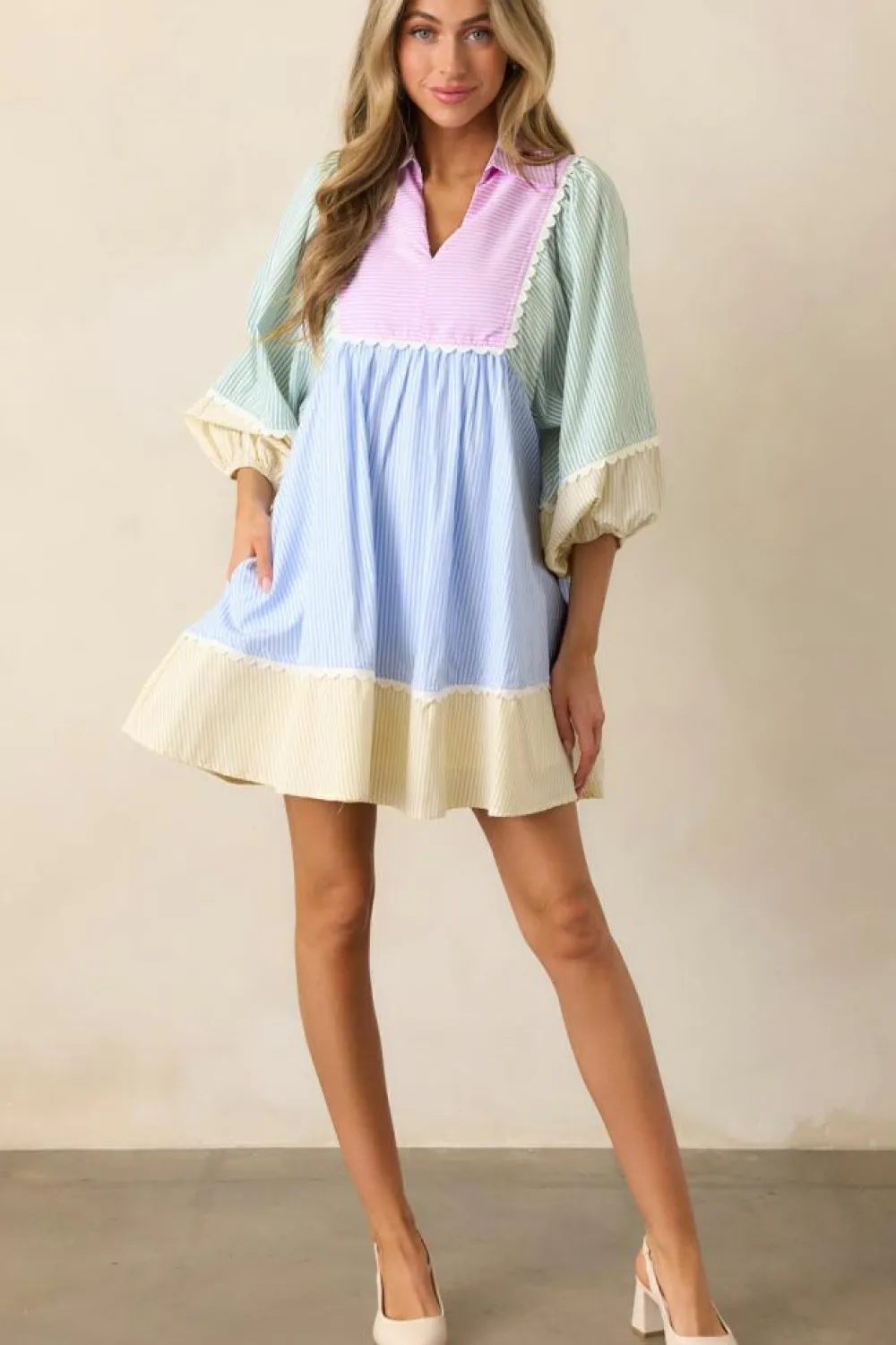 Fashion Dear-Lover Striped Patchwork Ric Rac Puff Sleeve Collared Mini Dress Multicolour