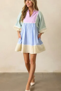Fashion Dear-Lover Striped Patchwork Ric Rac Puff Sleeve Collared Mini Dress Multicolour