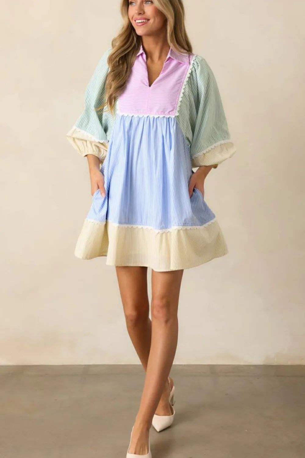 Fashion Dear-Lover Striped Patchwork Ric Rac Puff Sleeve Collared Mini Dress Multicolour