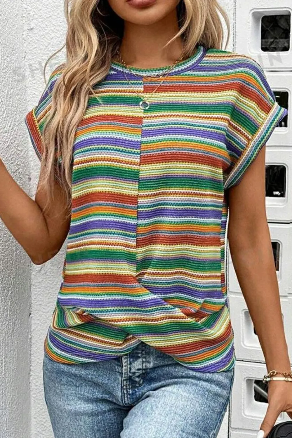 Hot Dear-Lover Striped Pattern Twist Hem Short Sleeve Top Multicolour