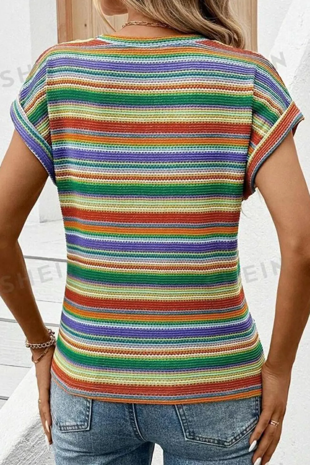 Hot Dear-Lover Striped Pattern Twist Hem Short Sleeve Top Multicolour