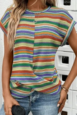 Hot Dear-Lover Striped Pattern Twist Hem Short Sleeve Top Multicolour