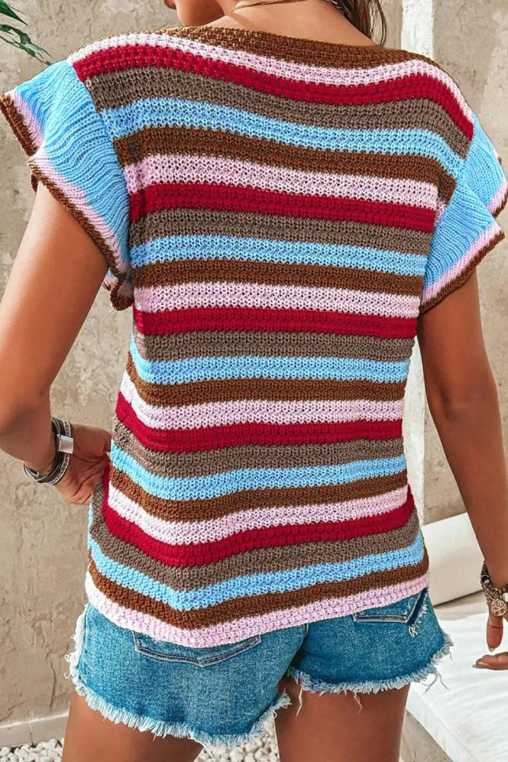 Fashion Dear-Lover Striped Ruffled Sleeve V Neck Sweater Multicolour