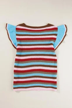 Fashion Dear-Lover Striped Ruffled Sleeve V Neck Sweater Multicolour