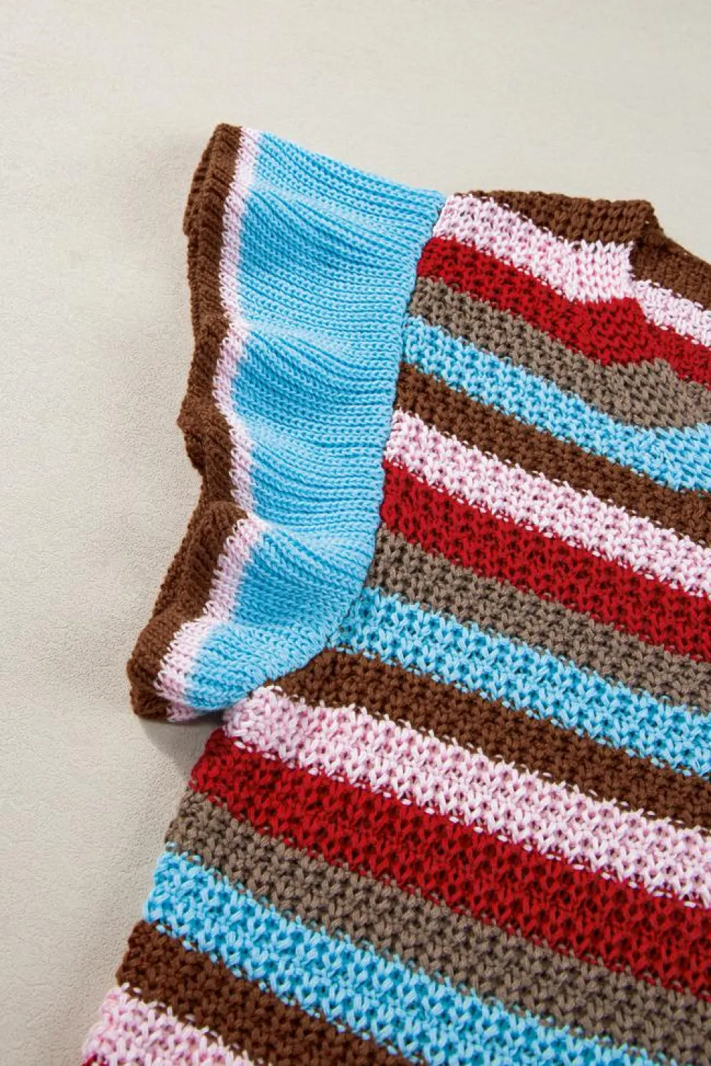 Fashion Dear-Lover Striped Ruffled Sleeve V Neck Sweater Multicolour