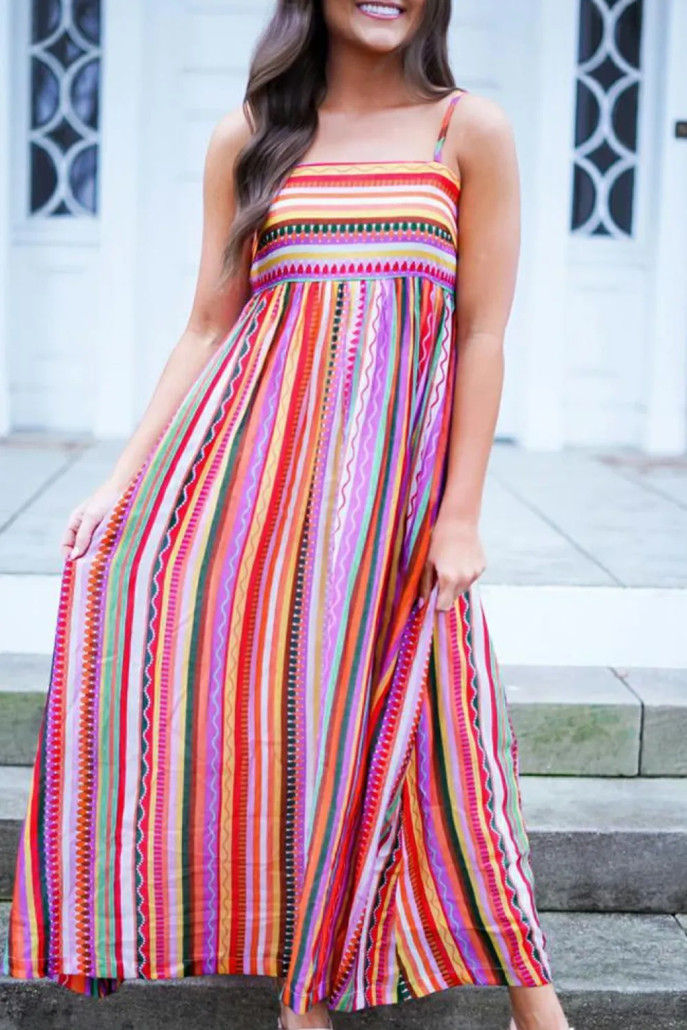 Online Dear-Lover Striped Thin Straps Smocked Back Boho Maxi Dress Multicolour