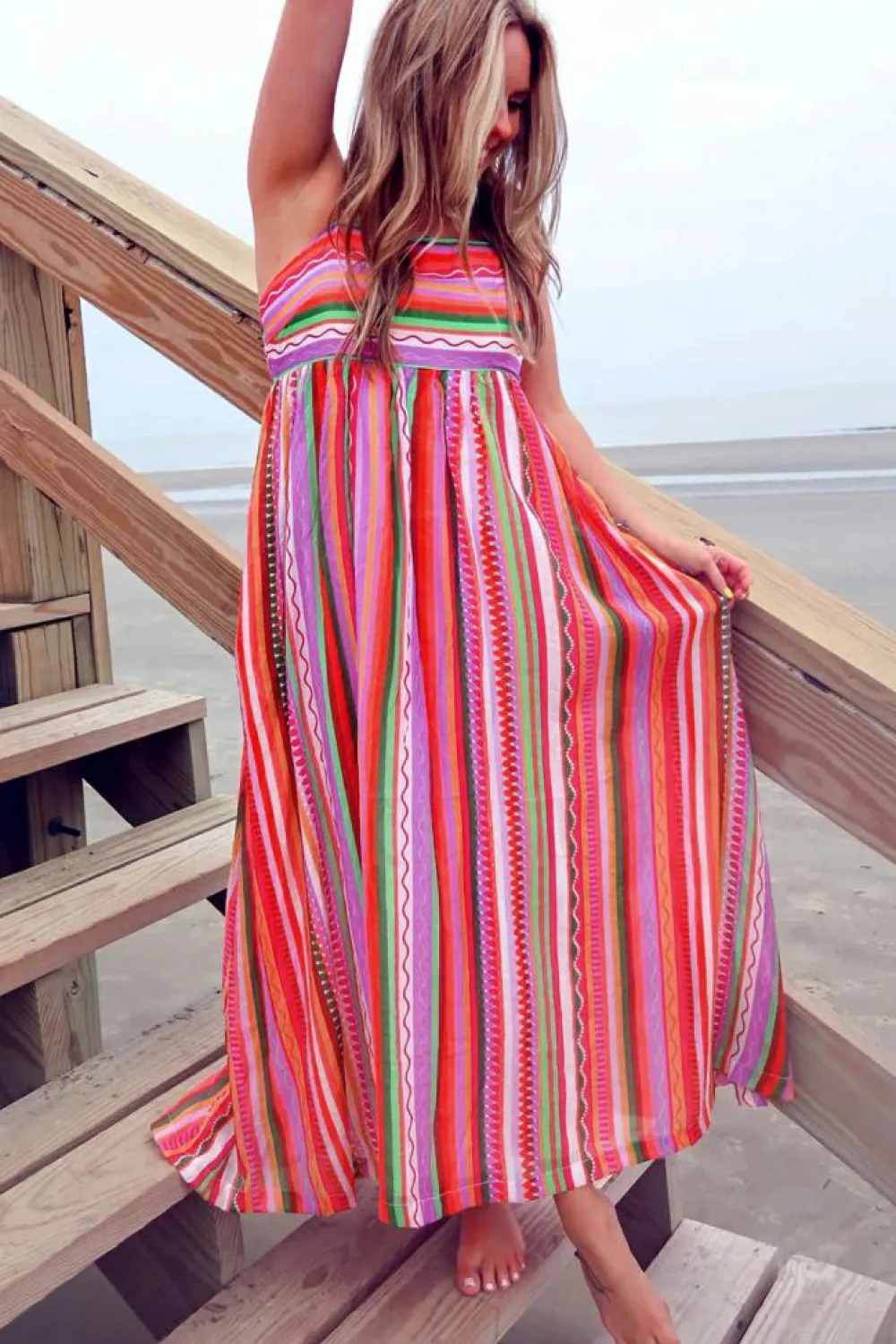 Online Dear-Lover Striped Thin Straps Smocked Back Boho Maxi Dress Multicolour