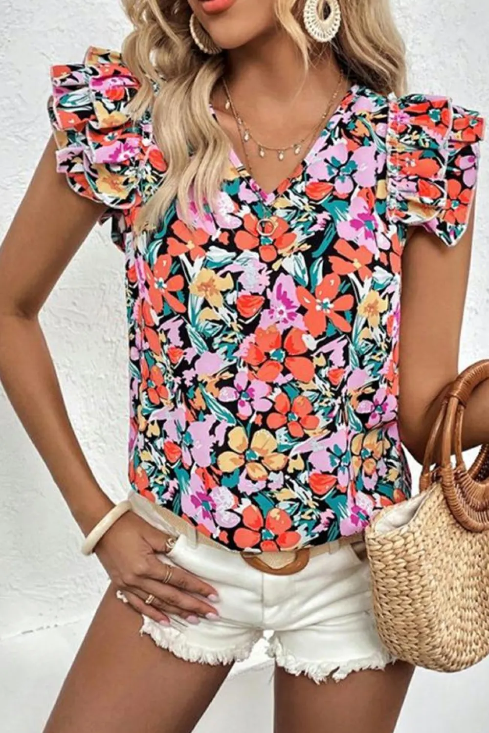 Fashion Dear-Lover Tiered Ruffled Sleeve Floral Blouse Multicolour