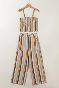 Hot Dear-Lover Vertical Striped Smocked Cami Top Wide Leg Pants Set Multicolour