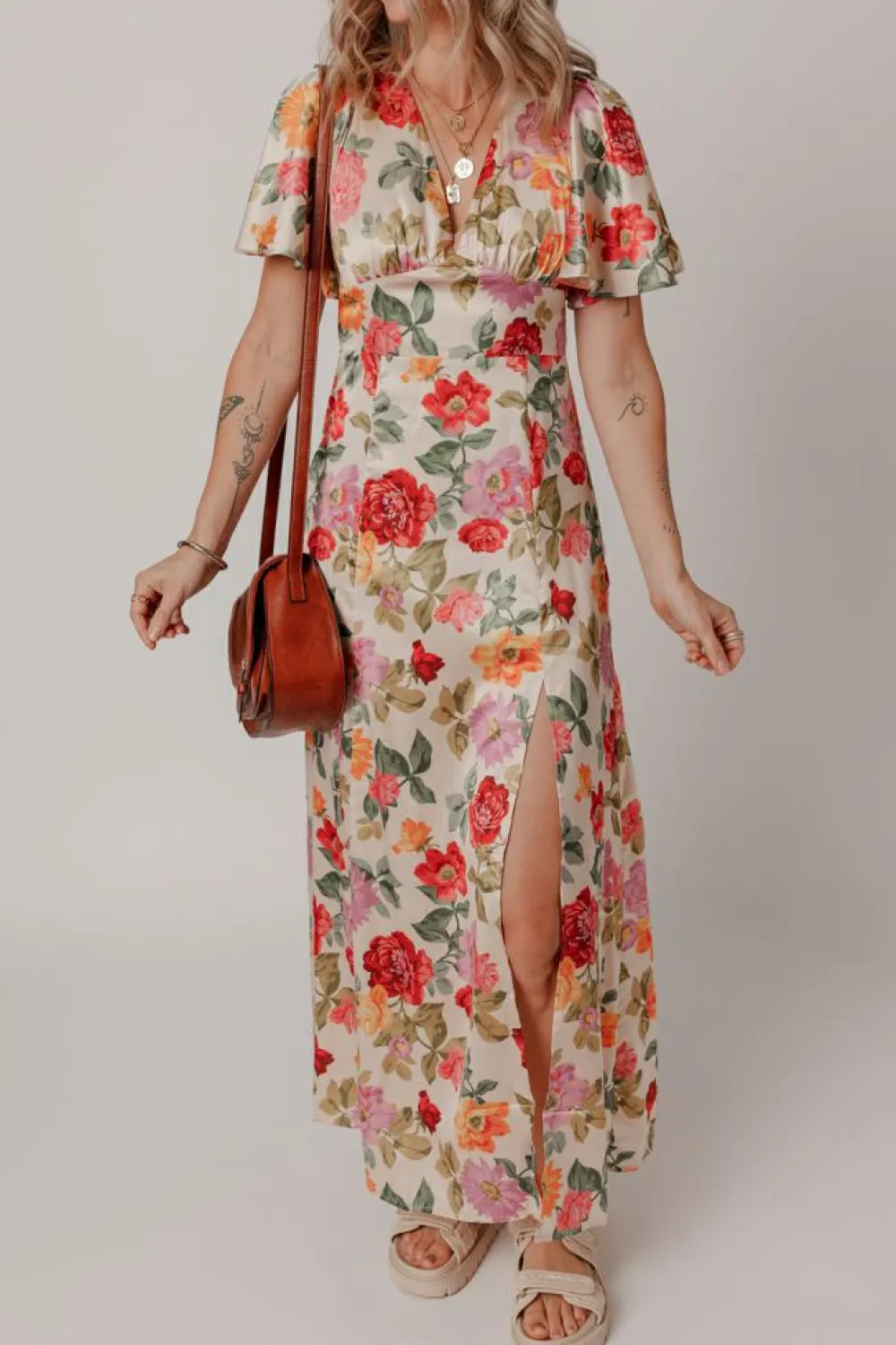 Online Dear-Lover Vintage Floral V Neck Short Sleeve Tie Back Long Slit Dress Multicolour