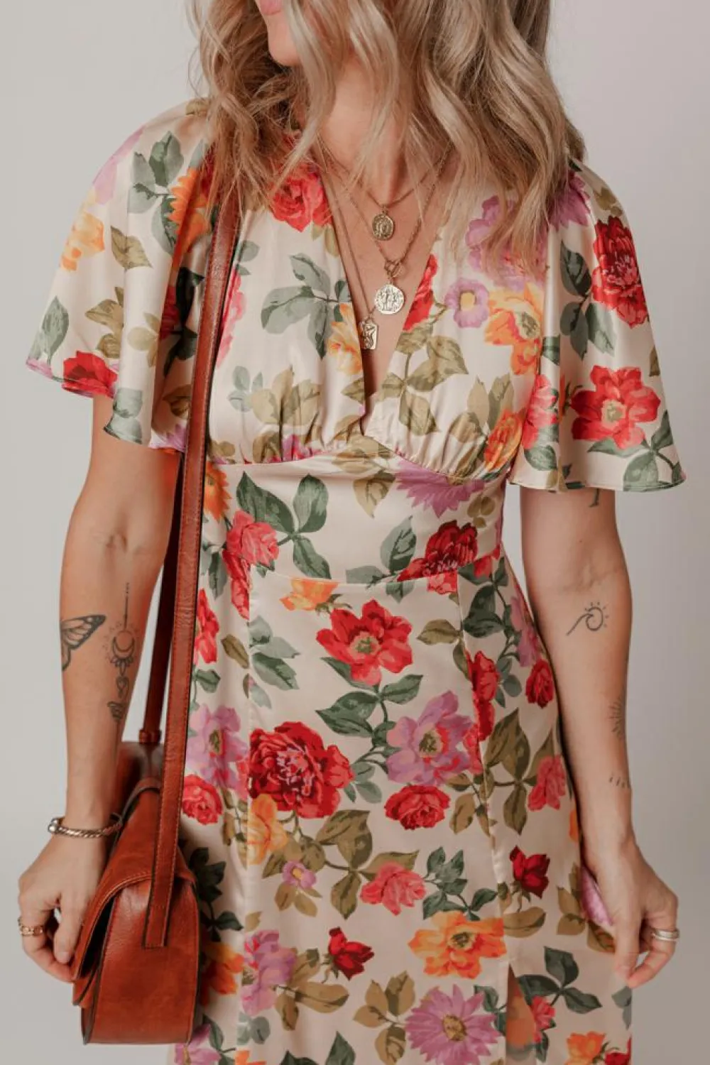 Online Dear-Lover Vintage Floral V Neck Short Sleeve Tie Back Long Slit Dress Multicolour