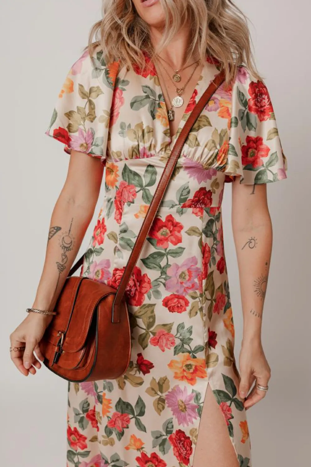 Online Dear-Lover Vintage Floral V Neck Short Sleeve Tie Back Long Slit Dress Multicolour