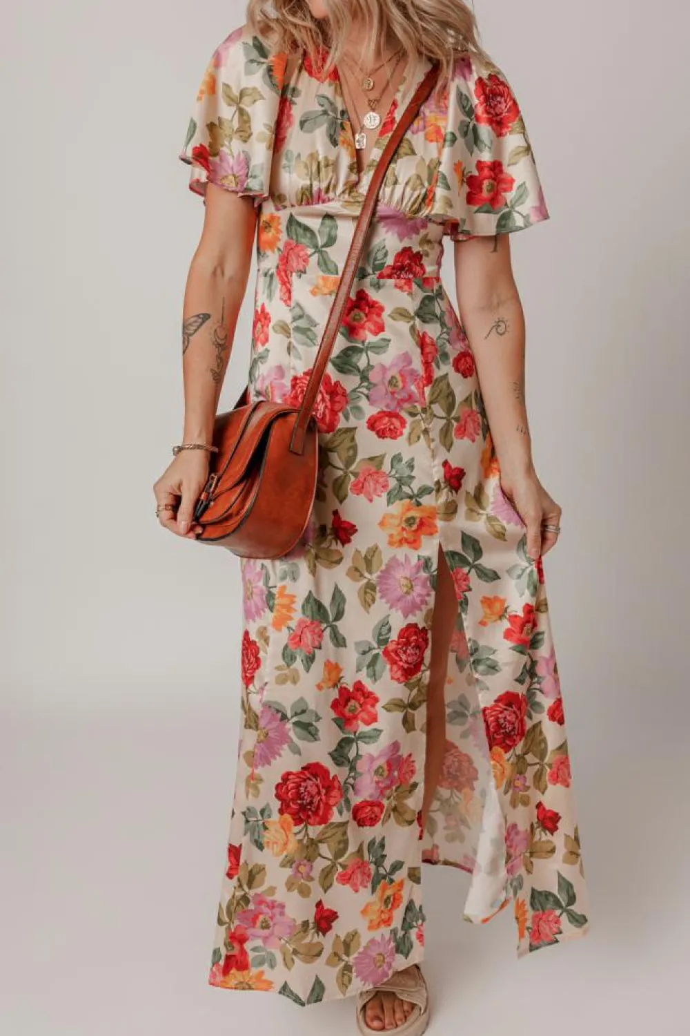 Online Dear-Lover Vintage Floral V Neck Short Sleeve Tie Back Long Slit Dress Multicolour